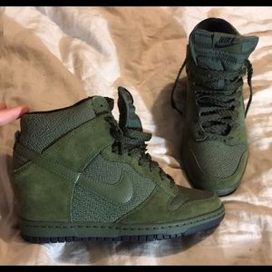 Olive green Nike dunk sky high sneaker wedges.